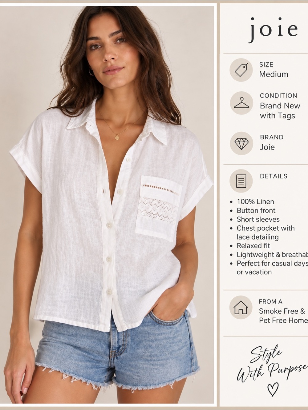 Joie White Linen Short-Sleeve Button-up Shirt